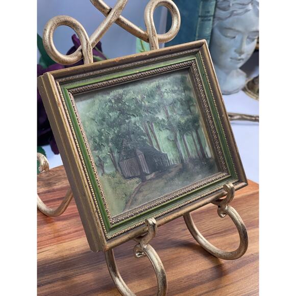 Vintage Glass Painting of a Cabin in the Woods – Signed & Inscribed - Picture 3 of 9